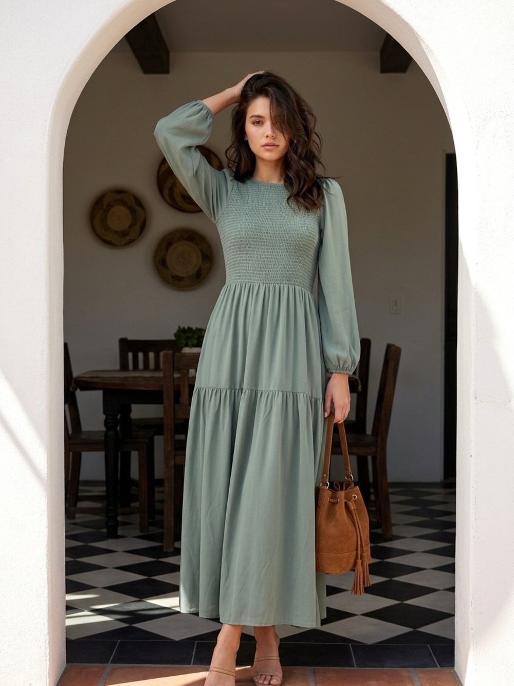 ASOS Sage Green Smocked Bodice Tiered Maxi Dress